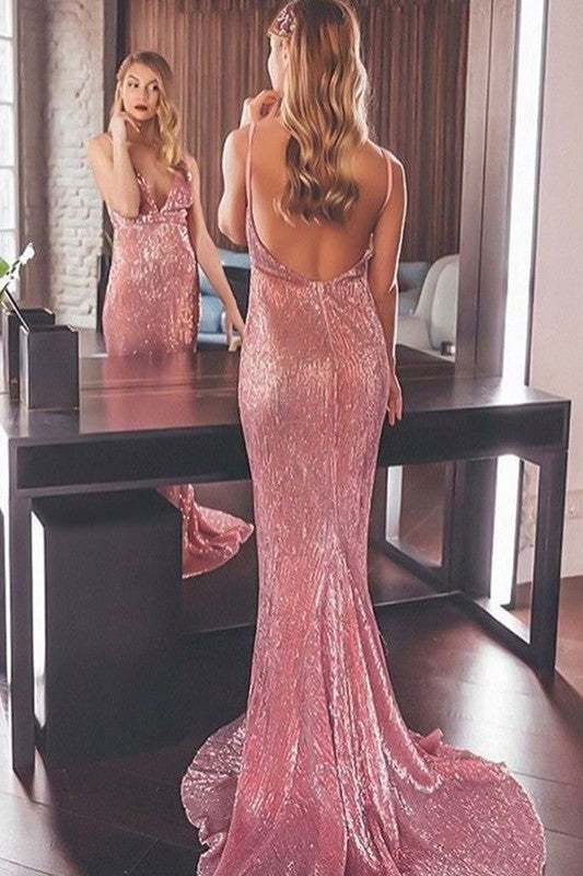 Beautiful Sleeveless Mermaid Sequins V-neck Ruffles Prom Dress-ballbellauk