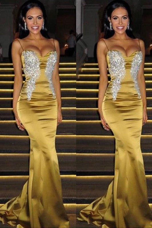 Beautiful Sleeveless Mermaid Spaghetti-Straps Beading Prom Dress with Satin-ballbellauk