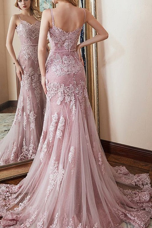 Beautiful Sleeveless Mermaid Spaghetti-Straps Lace With Appliques Prom Dress-ballbellauk