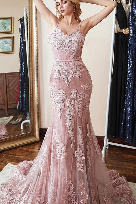 Beautiful Sleeveless Mermaid Spaghetti-Straps Lace With Appliques Prom Dress-ballbellauk