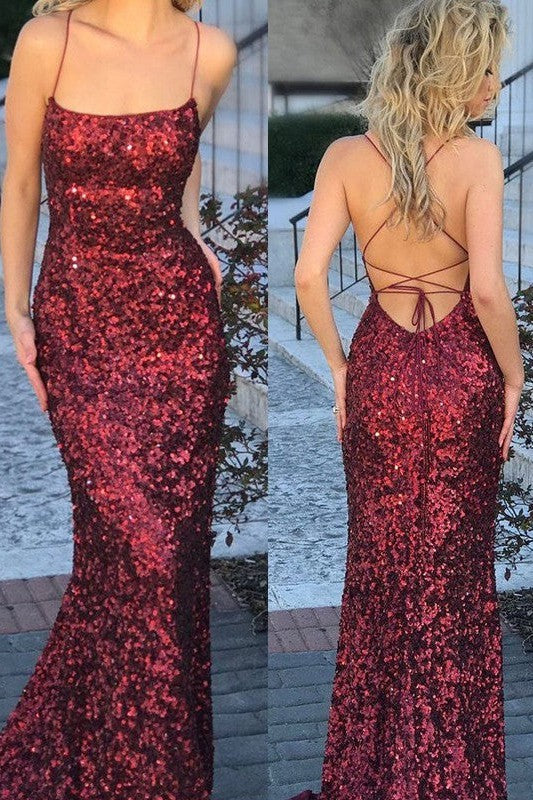 Beautiful Sleeveless Mermaid Spaghetti-Straps Sequins Prom Dress-ballbellauk