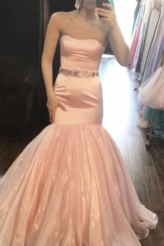 Beautiful Sleeveless Mermaid Strapless Beading Prom Dress with Satin-ballbellauk