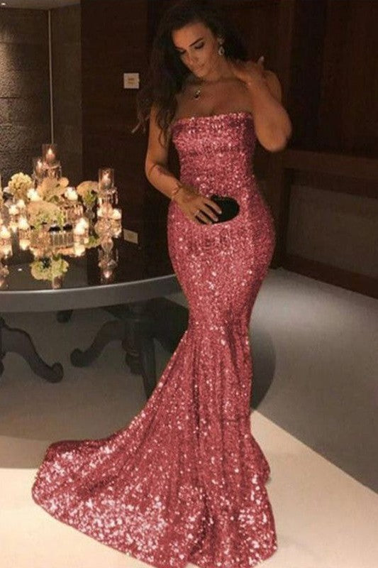 Beautiful Sleeveless Mermaid Strapless Sequins Prom Dress-ballbellauk