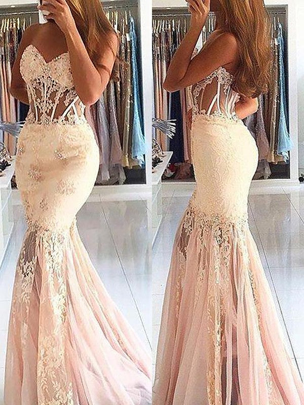 Beautiful Sleeveless Mermaid Sweetheart Tulle Lace Prom Dress-ballbellauk