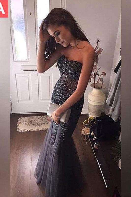 Beautiful Sleeveless Mermaid Sweetheart Tulle Sequin Long Prom Dress-ballbellauk