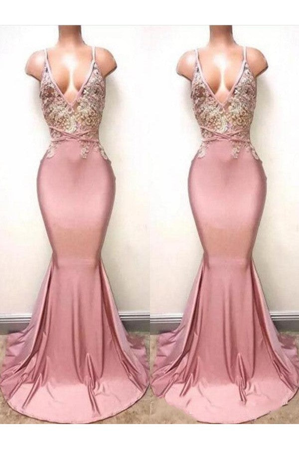 Beautiful Sleeveless Mermaid V-neck Charmeuse Elegant Evening Dress-ballbellauk