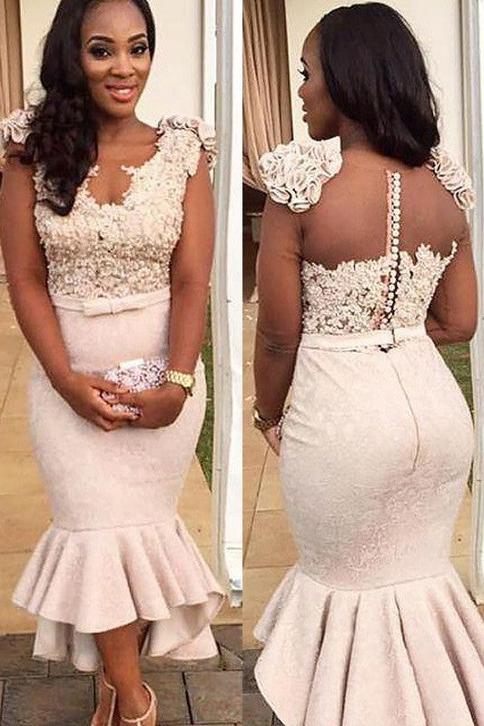 Beautiful Sleeveless Mermaid V-neck Satin Beading Asymmetrical Prom Dress-ballbellauk