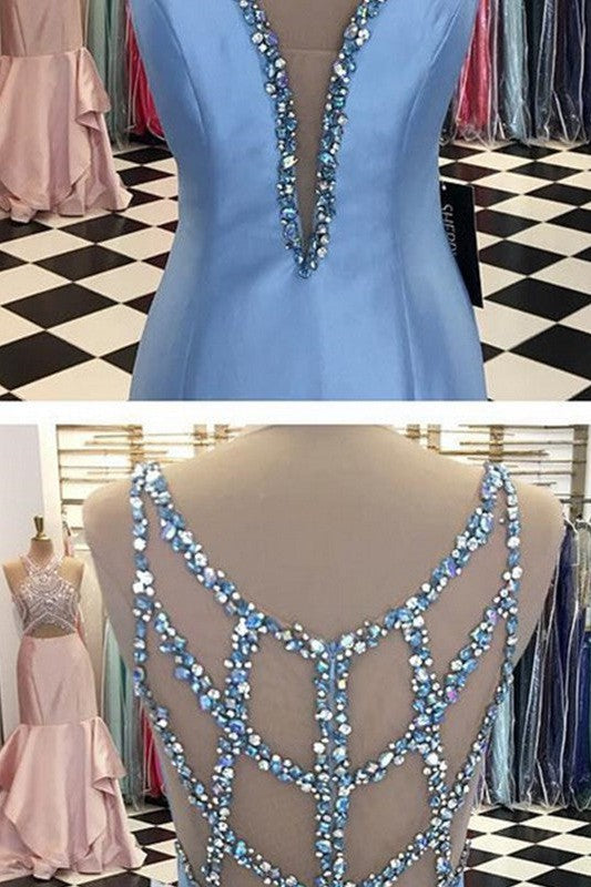 Beautiful Sleeveless Mermaid V-neck Satin Beading Prom Dress-ballbellauk