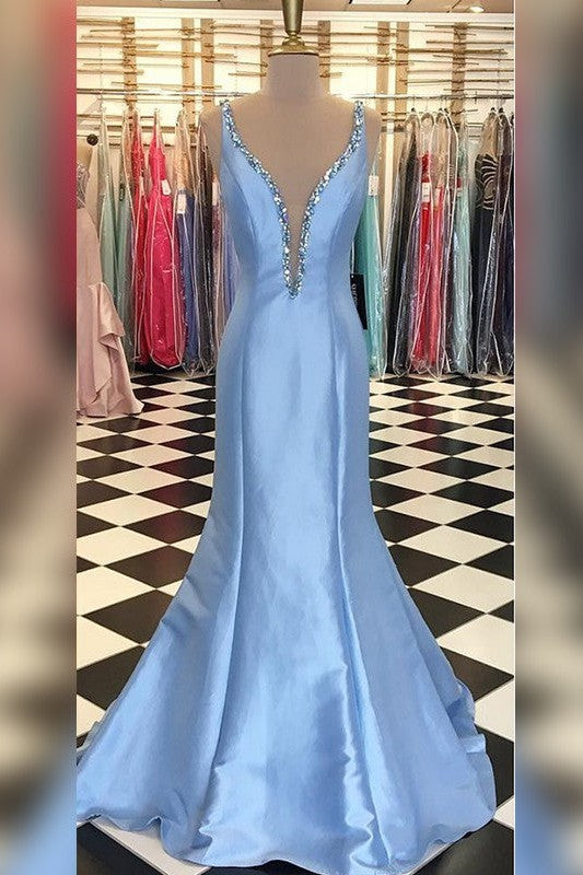 Beautiful Sleeveless Mermaid V-neck Satin Beading Prom Dress-ballbellauk