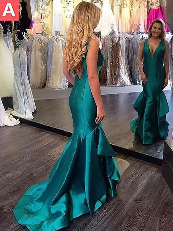 Beautiful Sleeveless Mermaid V-Neck Satin Layers Prom Dress-ballbellauk