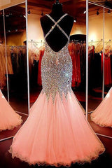 Beautiful Sleeveless Mermaid V-neck Tulle Sequin Long Prom Dress-ballbellauk