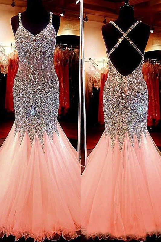 Beautiful Sleeveless Mermaid V-neck Tulle Sequin Long Prom Dress-ballbellauk