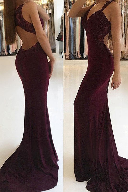 Beautiful Sleeveless Mermaid V-neck With Appliques Stretch Crepe Prom Dress-ballbellauk