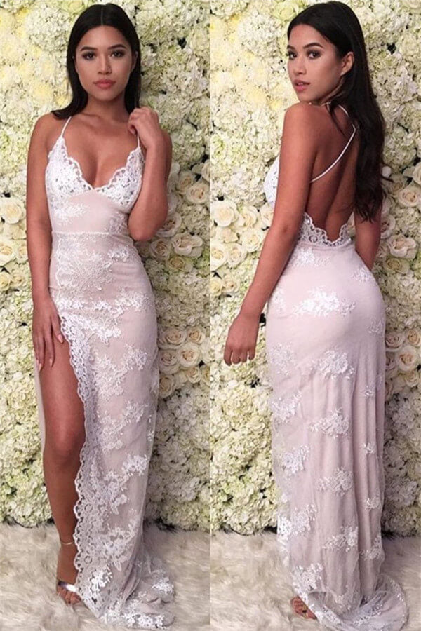 Beautiful Spaghetti-Straps Backless Deep V Neck Prom Dress UK Split with Lace-ballbellauk