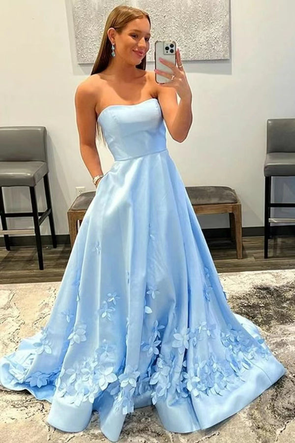 Beautiful Strapless Evening Dress with Appliques - Baby Blue-ballbellauk