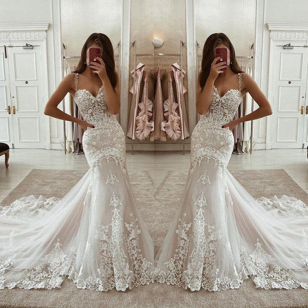 Beautiful Straps Lace Wedding Dress Mermaid Long Bridal Gown Sweetheart-ballbellauk