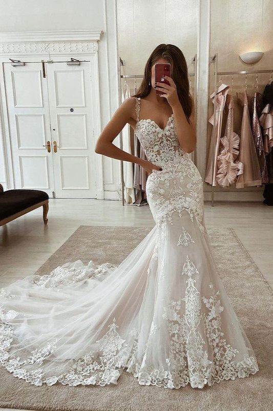 Beautiful Straps Lace Wedding Dress Mermaid Long Bridal Gown Sweetheart-ballbellauk