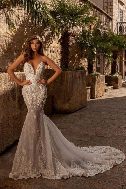 Beautiful sweetheart sleeveless mermaid lace Wedding Dresses-ballbellauk