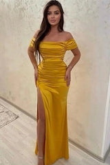 Beautiful Woven Satin Ruched Off-the-Shoulder Sleeveless Long Prom Dress-ballbellauk