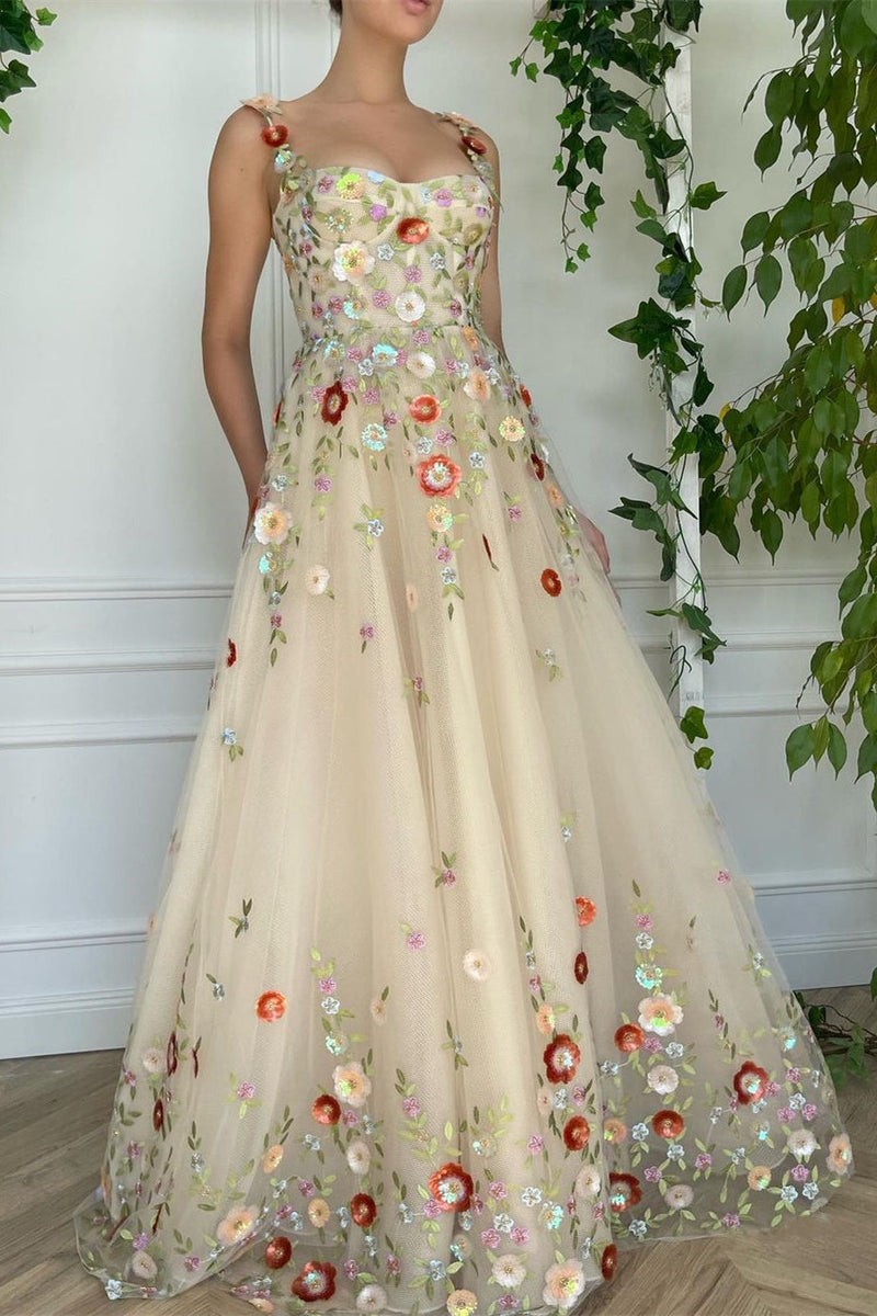 Beige Evening Dress with Flowers Appliques - A Line Tulle Spaghetti Strap-ballbellauk