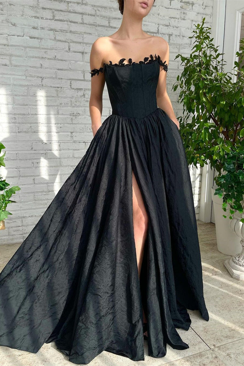 Black A Line Off-The-Shoulder Evening Dress with Sleeveless Lace Side Split-ballbellauk