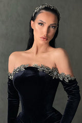 Black High-split Velvet Mermaid Prom Dress Off-the-shoulder-ballbellauk