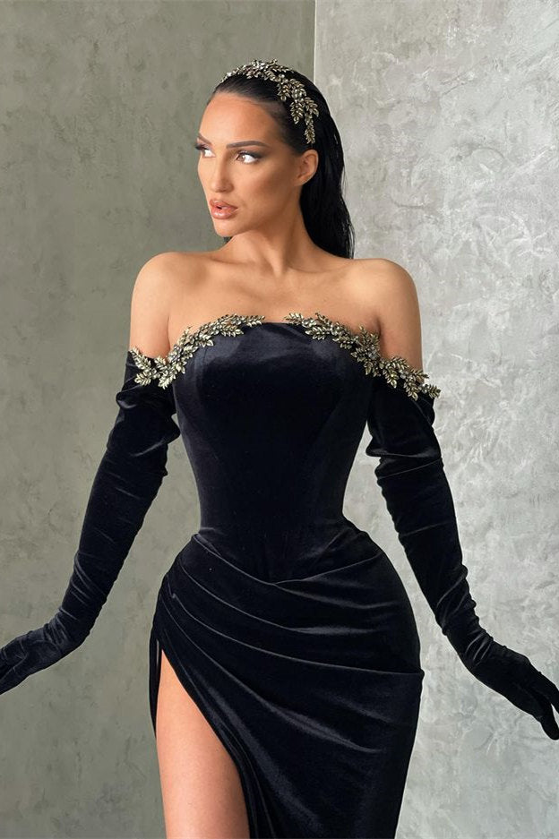 Black High-split Velvet Mermaid Prom Dress Off-the-shoulder-ballbellauk