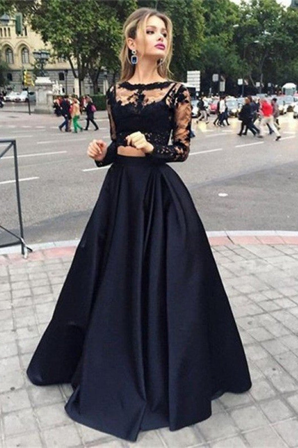 Black Lace Prom Dress UK with Long Sleeves - 2 Pieces-ballbellauk