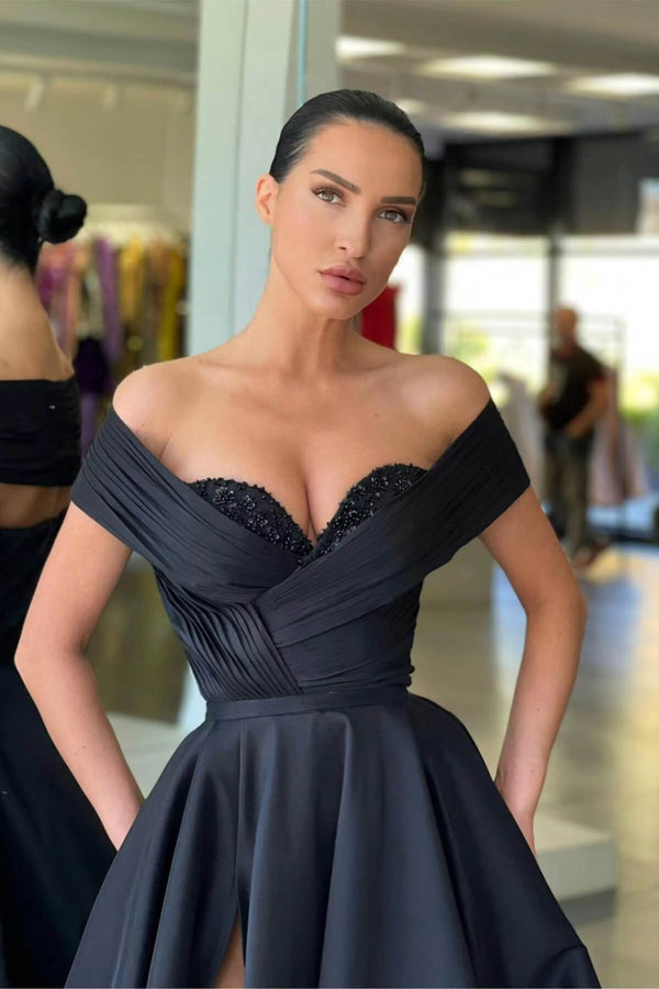 Black Long Off The Shoulder Prom Dress UK with Beads and A Line Split-ballbellauk