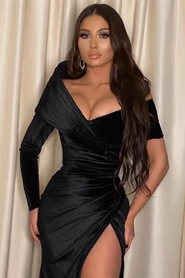 Black Long Sleeves Prom Dress UK with Mermaid Split Off-The-Shoulder-ballbellauk