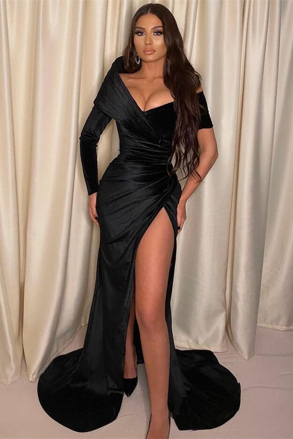 Black Long Sleeves Prom Dress UK with Mermaid Split Off-The-Shoulder-ballbellauk