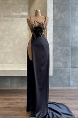 Black Mermaid Evening Dress with Slit & Beadings Sequins Spaghetti-Strap-ballbellauk