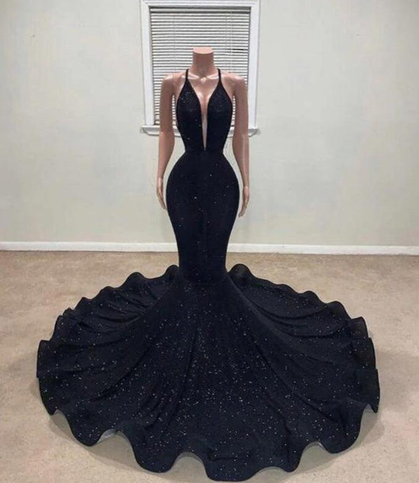 Black Mermaid Halter Prom Dress UK with Sequins-ballbellauk