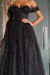 Black Off-The-Shoulder Sweetheart A-Line Prom Dress UK with Beads and Tulle-ballbellauk