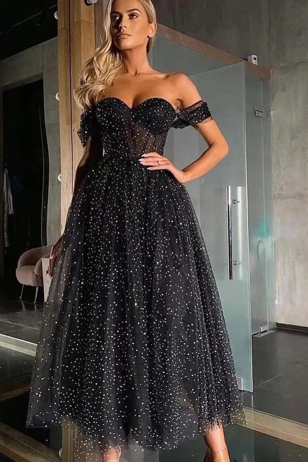 Black Off-The-Shoulder Sweetheart A-Line Prom Dress UK with Beads and Tulle-ballbellauk