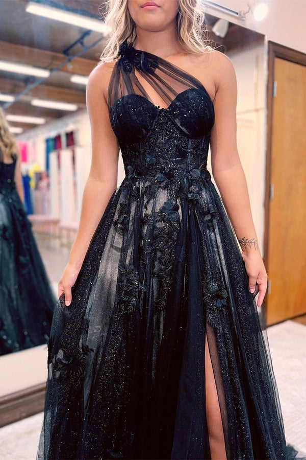 Black One Shoulder A Line Prom Dress UK with Side Split Tulle & Appliques-ballbellauk