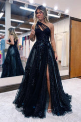 Black One Shoulder A Line Prom Dress UK with Side Split Tulle & Appliques-ballbellauk