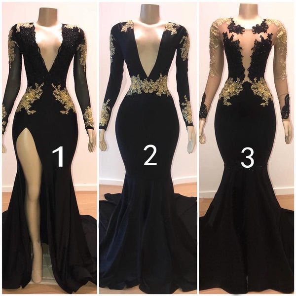 Black Prom Dress UK with Gold Appliques Long Sleeves-ballbellauk