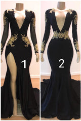 Black Prom Dress UK with Gold Appliques Long Sleeves-ballbellauk