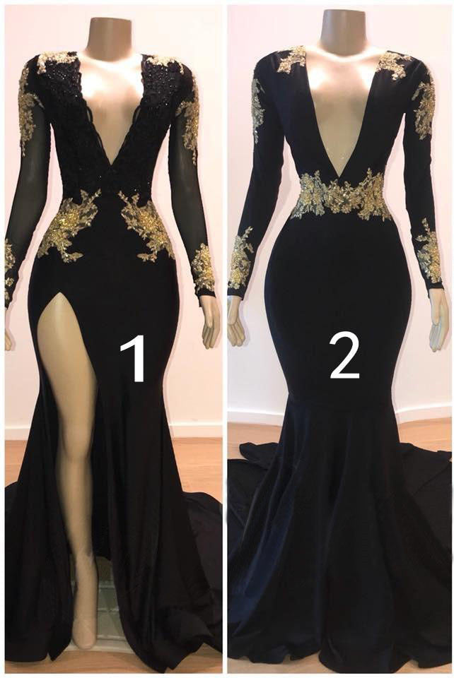 Black Prom Dress UK with Gold Appliques Long Sleeves-ballbellauk