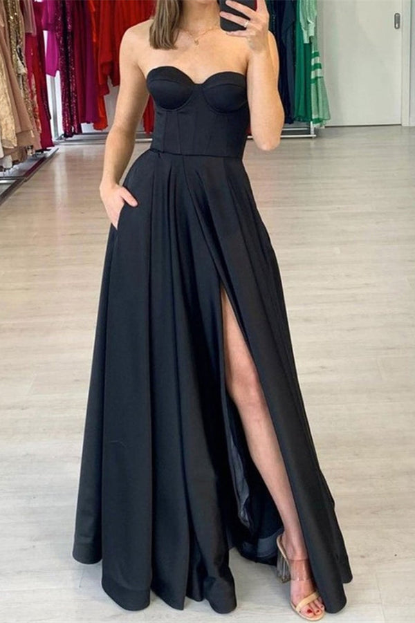 Black Split Sweetheart Prom Dress UK with Pockets-ballbellauk