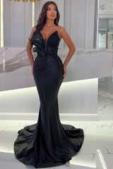 Black Sweetheart Sleeveless Beaded Feather Mermaid Prom Dress UK-ballbellauk