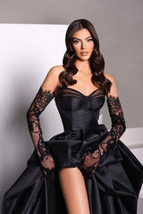 Black Sweetheart Slit Taffeta Prom Dress UK With Long Lace Gloves-ballbellauk