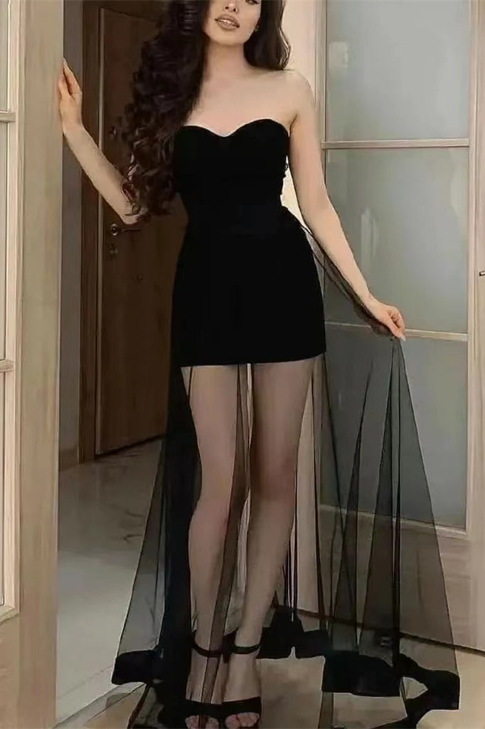 Black Sweetheart Strapless Mini Prom Dress UK with Tulle-ballbellauk