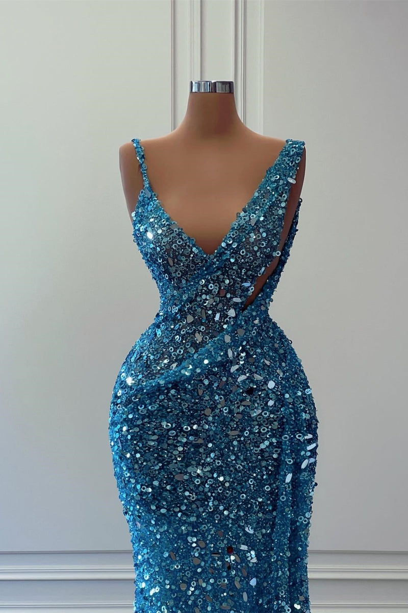 Blue Sequins Long Mermaid Prom Dress UK for Special Occasions-ballbellauk