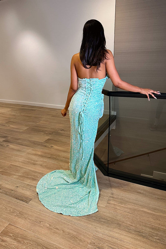 Blue Sequins Sweetheart Mermaid Prom Dress UK with Split Trumpet-ballbellauk