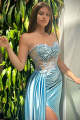 Blue Strapless Sweetheart Mermaid Evening Dress With Beads Appliques, Ruffles & Slit-ballbellauk