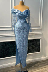 Blue Sweetheart Long Sleeves Mermaid Prom Dress UK with Slit and Beads-ballbellauk