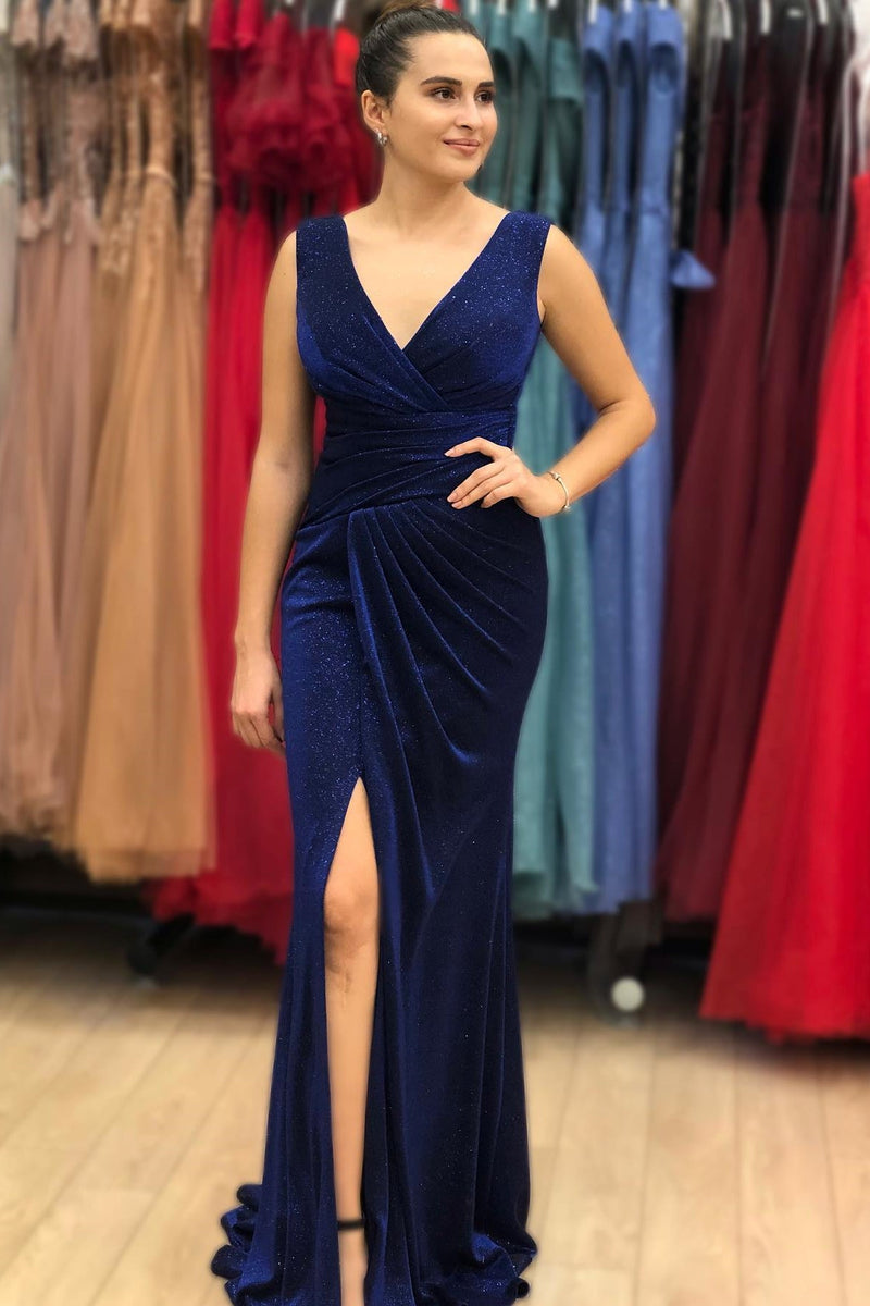 Blue V Neck Long Mermaid Prom Dress UK With Slit-ballbellauk