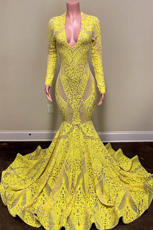 Bright Yellow Long Sleeves Mermaid Prom Dress UK-ballbellauk